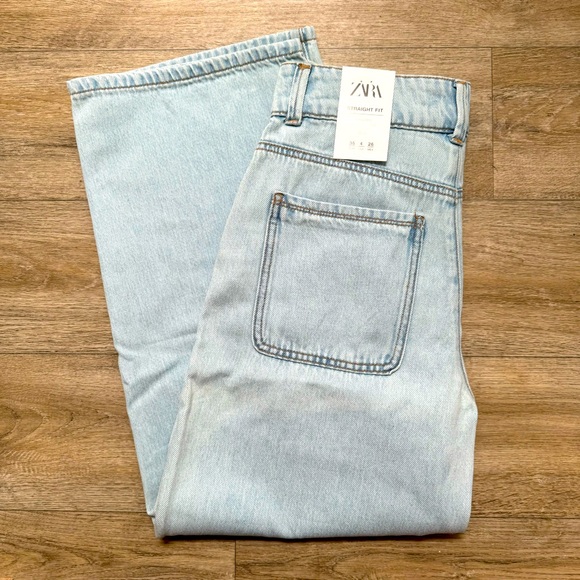 🆕 ZARA Straight Leg Button Fly High Rise Cropped Denim Jeans - Picture 2 of 7
